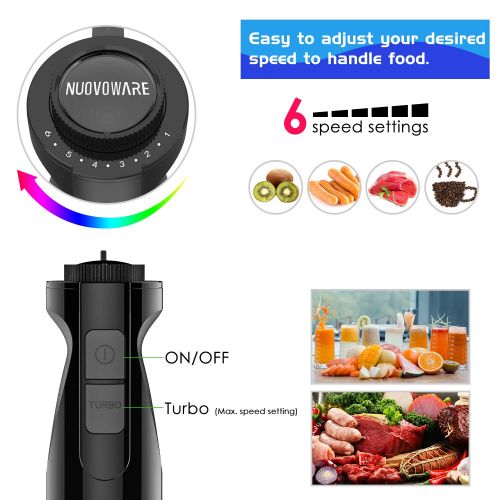  Nuovoware Ultra-Stick 6-Speed Smart Powerful 4 in 1 Immersion Hand Blender - Includes Whisk Attachment Heavy Duty Copper Motor Stainless Steel - Black