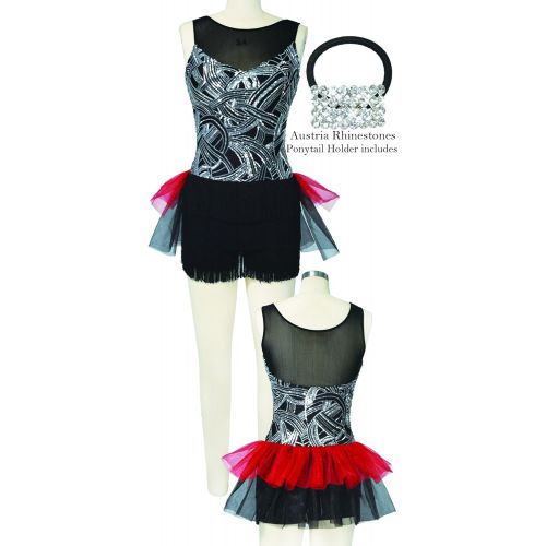  MiDee Geometric Sequins Costume Jazz Dance Dress Illusion Wide V with Half Fringes Half Tutu Skirt