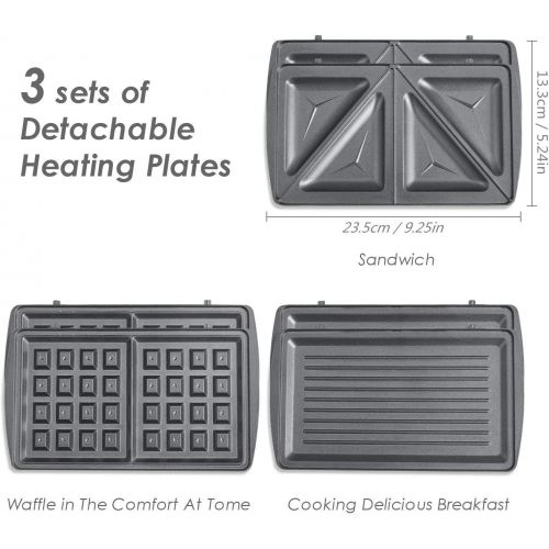  AICOK Aicok Sandwich Maker, Waffle maker, Sandwich toaster, 750-Watts, 3-in-1 Detachable Non-stick Coating, LED Indicator Lights, Black