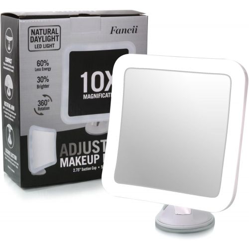  Fancii 10X Magnifying Lighted Makeup Mirror - Daylight LED Vanity Mirror - Compact, Cordless, Locking Suction, 6.5 Wide, 360 Rotation, Portable Illuminated Bathroom Mirror (Square)