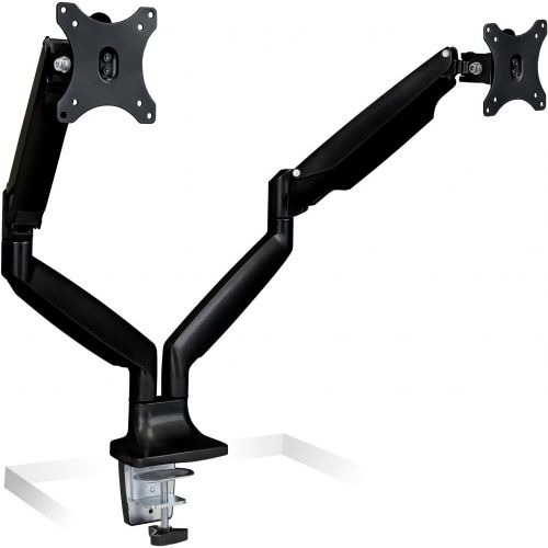  Mount-It! Dual Monitor Arm Mount | Desk Stand | Two Articulating Gas Spring Height Adjustable Arms | Fits 2 x 24 27 29 30 32 Inch VESA 75 100 Compatible Screens | C-Clamp and Gromm