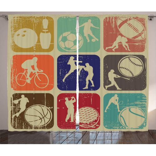  Ambesonne Sports Decor Curtains, Many Different Sports Balls All Together Championship Ping Pong Volleyball Olympics Concept, Living Room Bedroom Decor, 2 Panel Set, 108W X 84L inc
