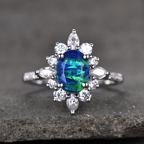  BBBGEM Opal engagement ring 6x8mm Oval Dark Blue Green Opal Simulated Diamond Halo Ring Floral Vintage Anniversary Gift White gold plated