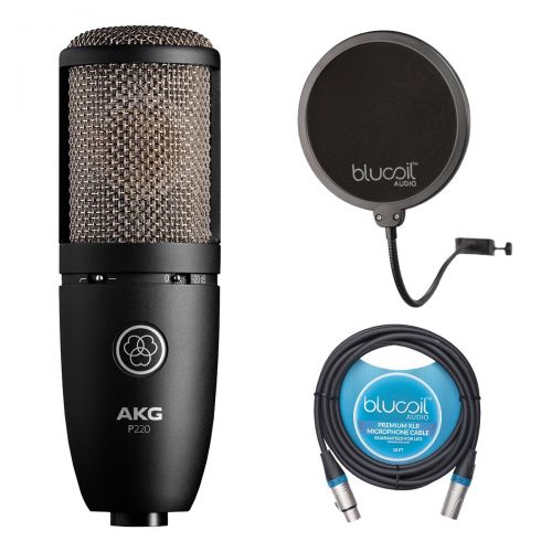  AKG P220 Large-diaphragm Condenser Microphone for Vocal Recording BUNDLED WITH Blucoil 10-Ft Balanced XLR Cable AND Pop Filter