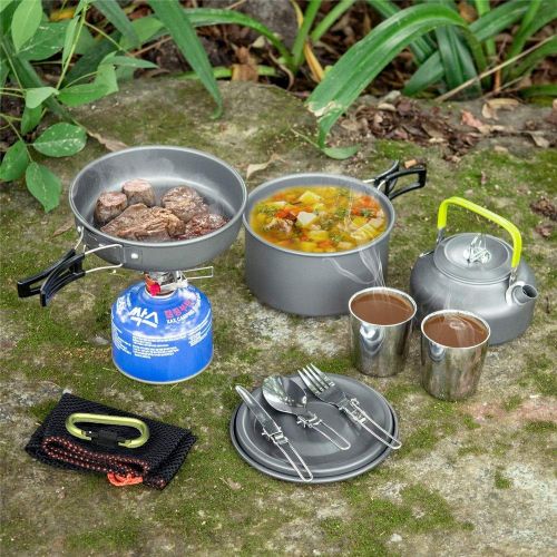  TAESOUW-Camping Outdoor Aluminium Compact Camping Cookware Mess Kit Pot Pan Kettle Cups Spork Hook Cooking Equipment Collapsible Portable Backpacking Cookset with Mesh Bag Outdoor Camping