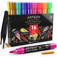 [아마존 핫딜] [아마존핫딜]ARTEZA Liquid Chalk Markers Set of 16 (16 Bright Colors, 16 Replaceable Chisel Tips, 1 pc Tweezers, 50 Labels, 2 Sticky Stencils) - Dust-Free - Water Based Chalkboard Markers - Non