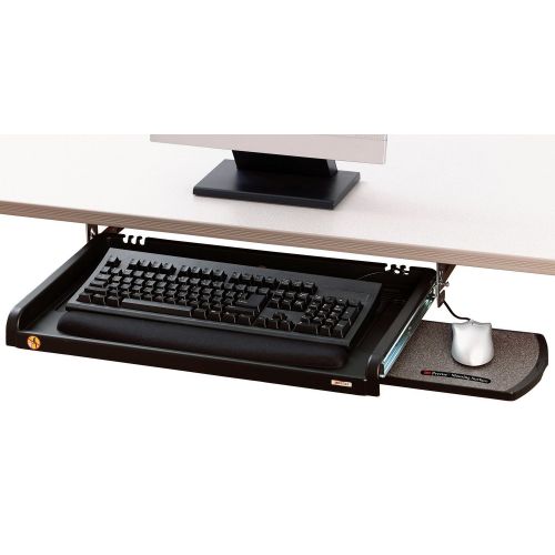 쓰리엠 3M Adjustable Under-Desk Keyboard Drawer, Three Height Settings, Wide Tray with Gel Wrist Rest Accomodates Most Keyboards, Slide Out Mouse Platform with Precise Mouse Pad, Black (K