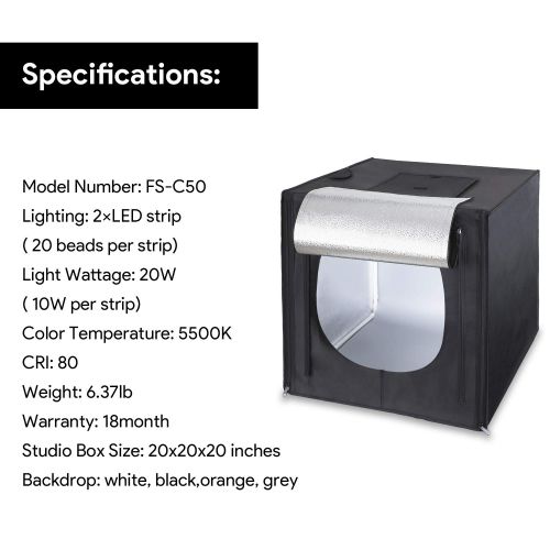  Amzdeal Light Box Photo Studio 20 x 20 inch Professional Photography Tent with LED Light 4 Backdrops (White Black Orange Grey)