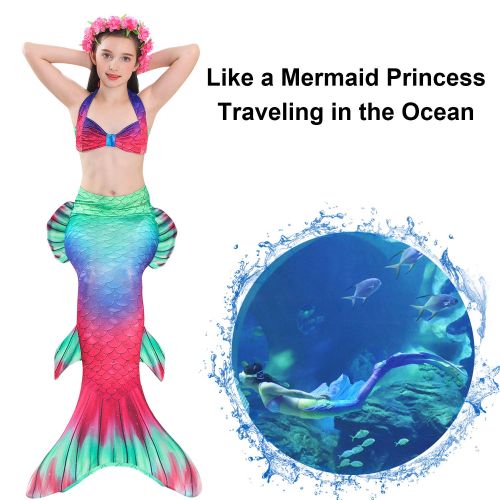  AMENON Girls 4 Pcs Swimsuits Mermaid Tails for Swimming Mermaid Swimwear Princess Bathing Suit Bikini Set