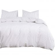 AmazonBasics Wake In Cloud - Washed Cotton Duvet Cover Set, White Striped Ticking Pattern Printed on Navy Blue, 100% Cotton Bedding, with Zipper Closure (3pcs, Queen Size)
