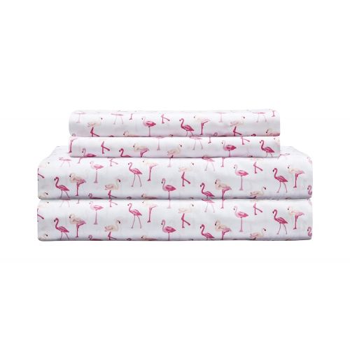  Elite Home Products Microfiber 90 GSM Whimsical Printed Deep-Pocketed Sheet Set, Twin, Pink Flamingo