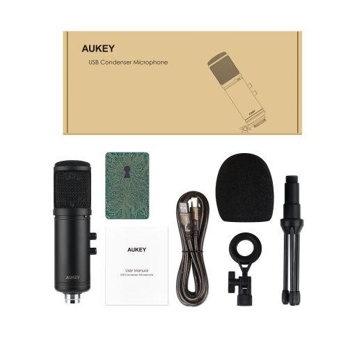  AUKEY Condenser Microphone Recording, USB Cardioid Microphone 3.5mm Headphone Jack Tripod Stand PC Computer