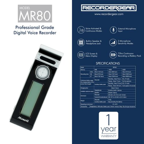  RecorderGear MR80 Mini Clip Small Voice Recorder Voice Activated Audio Recording Device Tiny Micro + 72 Hour Battery Life w/Extended Battery Pack