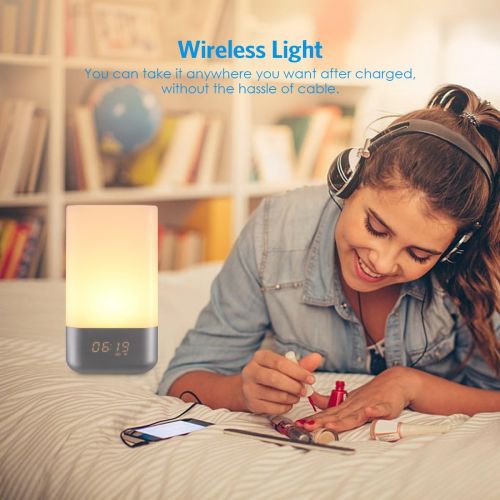  AMIR Wake-Up Light Bedside Lamp Alarm Clock with Sunrise Simulation, 5 Natural Sounds, Rechargeable, Touch Sensor Multicolor Dimmable Night Light, Simple Design and Healthy Style (