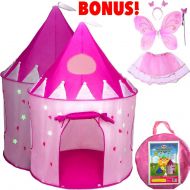 [아마존베스트]5-Piece Princess Castle Girls Play Tent w/ Glow in The Dark Stars & Butterfly Fairy Dress Up Costume - Childrens Play Tents for Indoor & Outdoor Use with Pink Girls Playhouse Fairy