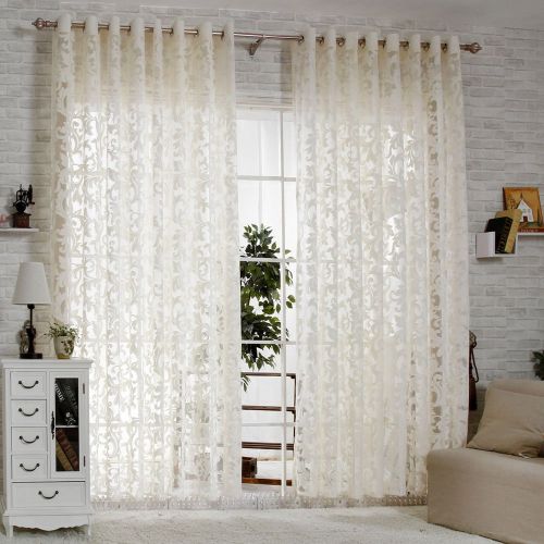  R.LANG Solid Grommet Top Modern Embroidered sheer Curtain 1 Pair Beige 52W X 84 L