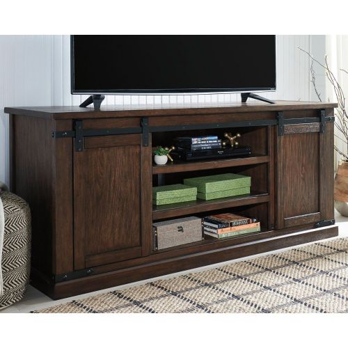  Signature Design by Ashley Ashley Furniture Signature Design - Budmore Extra Large TV Stand - Sliding Barn Doors - 70 Inch - Rustic - Brown