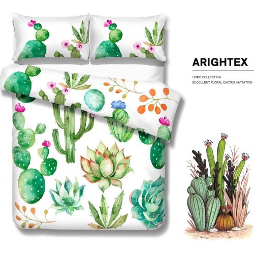  [아마존베스트]ARIGHTEX Bright Cactus Pattern Bedding Set Green plants cactus Print 3 Pieces Duvet Cover Set Nature Art Prints Decor Collection (Twin)