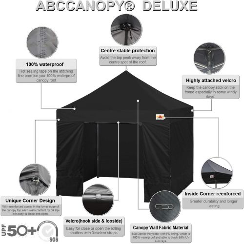  Visit the ABCCANOPY Store ABCCANOPY Canopy Tent Popup Canopy 10x10 Pop Up Canopies Commercial Tents Market stall with 6 Removable Sidewalls and Roller Bag Bonus 4 Weight Bags and 10ft Screen Netting and Hal