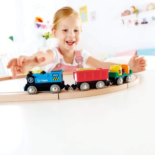  Hape Battery Powered Engine Set | Colorful Wooden Train Set, Battery Operated Locomotive With Working Lamp