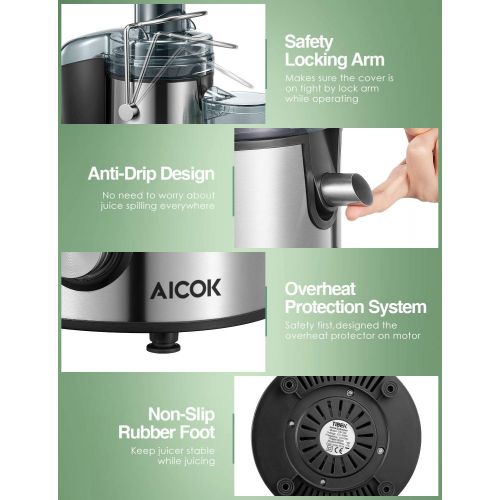  AICOK Juicer Aicok 1000W Powerful Juicer Machine Real 3’’ Whole Fruit and Vegetable Feeder Chute Juice Extractor, Dual Speeds Centrifugal Juicer, Anti-drip, Stainless Steel and BPA Free