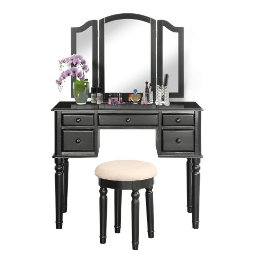  Merax Vanity Table Set with Mirror and Stool, 5 Drawers Makeup Dressing Table for Women/Girls (Black)