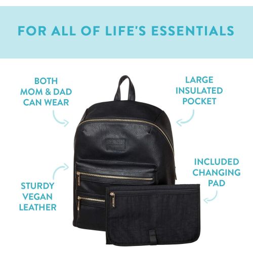  The Honest Company City Backpack, Black | Sturdy Vegan Leather Backpack | Diaper Bag | Changing Pad with Zippered Pocket | Unisex Backpack | Stylish and Functional