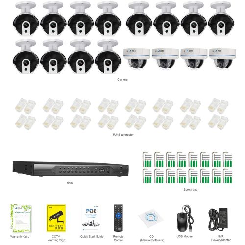  Security Camera System PoE - A-ZONE 16CH 1080P IP PoE System, 12 HD Bullet Outdoor and 4 HD Dome Indoor 2.0 Megapixel IP67 Waterproof Cameras,Smart Motion Detection, Free Remote Vi