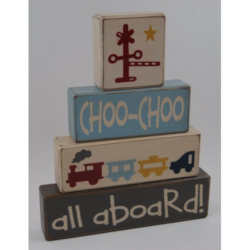  Blocks Upon A Shelf Choo Choo All Aboard - Primitive Country Wood Stacking Sign Blocks Train Decor Childrens Room-Big Boy Room-Nursery Baby Gift-Train Birthday Home Decor
