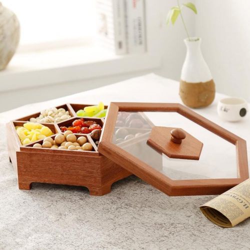  MYLS Wood Fruit Plate Dish Holder, Round Divided Serving Tray, Dried Fruit Candy Snack Storage Box, with Transparent Lid, 30×26×9 cm