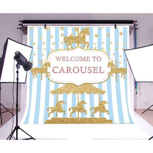  Yeele 10x10ft Carousel Backdrop Golden Stars Blue and White Stripes Background for Photography Baby Shower Kids Boy Girl Birthday Party Decoration Photo Booth Shoot Vinyl Studio Pr