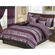 Grand Linen 4 Piece Eggplant Purple  Black silver stripe Chenille Curtain set with attached Valance and Sheers