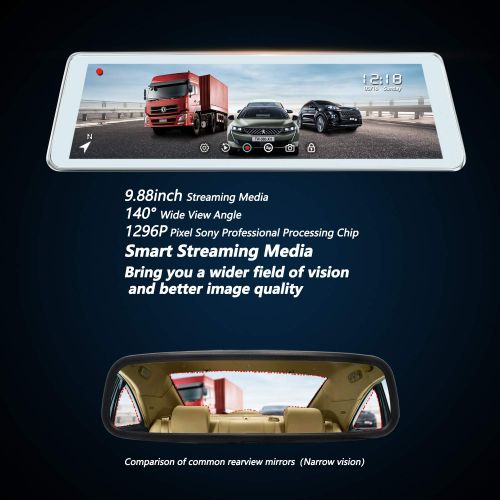  Yuwei Mirror Dash Cam, 9.88’’ Full Touch Screen Streaming Media Car DVR with 1296P FHD Front Camera and 720P Rear View Recorder, Loop Recording, 140°Wide Angle,AHD Backup Camera, G