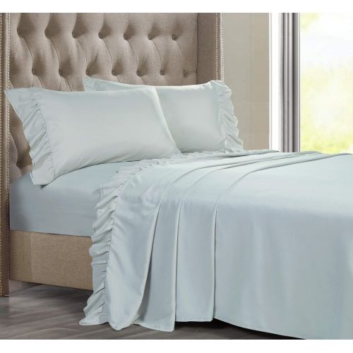  Posh Home Queen (Blue) 4 Piece Ruffle Hem Ultra Soft Sheet Set Wrinkle & Fade Resistant