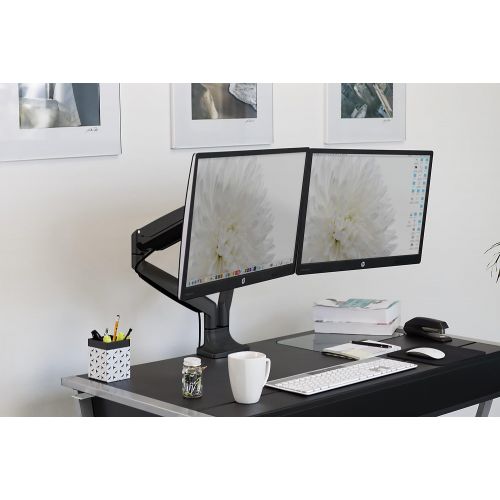  Mount-It! Dual Monitor Arm Mount | Desk Stand | Two Articulating Gas Spring Height Adjustable Arms | Fits 2 x 24 27 29 30 32 Inch VESA 75 100 Compatible Screens | C-Clamp and Gromm