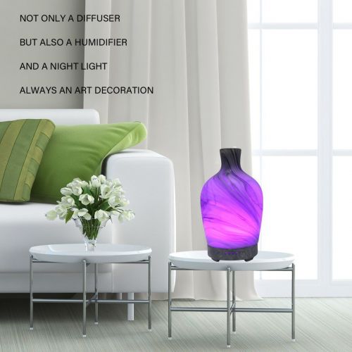  LUXSHOP SUNPIN Essential Oil Diffuser, 100ml Glass Marble Aromatherapy Diffuser Ultrasonic Cool Mist Humidifier with Color LED Lights Changing and Waterless Auto Shut-off for Bedroom Offic