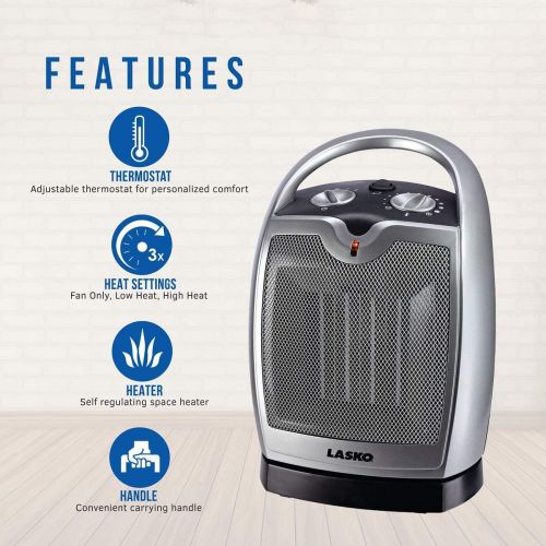  Lasko 5409 Ceramic Portable Space Heater with Adjustable Thermostat-Features Widespread Oscillation to Distribute Warm Air, Silver
