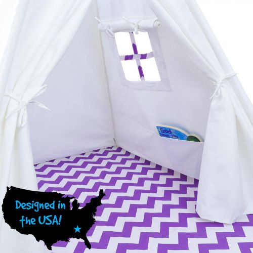  A Mustard Seed Toys Chevron Teepee Tent for Kids - Portable Cotton Canvas Tent with Carrying Case, Makes a Great Indoor Playhouse (Purple)