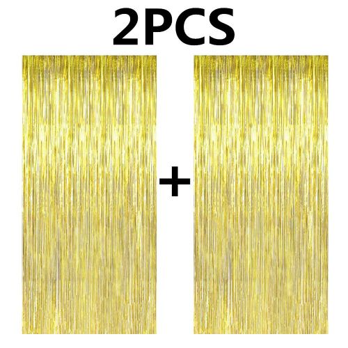  FECEDY 2pcs 3ft x 8.3ft Gold Metallic Tinsel Foil Fringe Curtains Photo Booth Props for Birthday Wedding Engagement Bridal Shower Baby Shower Bachelorette Holiday Celebration Party
