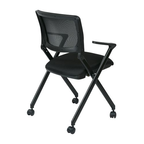  Office Star Breathable Flexible Mesh Back Folding Nesting Chair with Padded Fabric Seat and Casters, 2-Pack, Black with Black Frame