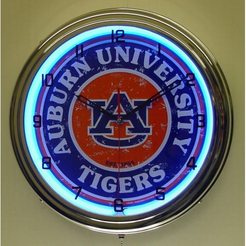  NeonClockPro Auburn University Tigers Logo Sign Neon Lighted Wall Clock Chrome Blue