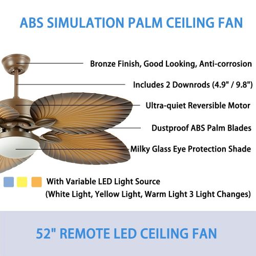  Andersonlight Palm 52-Inch Tropical Ceiling Fan with Five Leaf Blades, Remote Control, Reversible Airflow, Quiet Multi-Speed Motor, Antique Brass, Home Decoration