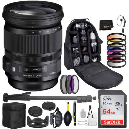  Sigma 24-105mm f4 DG OS HSM Art Lens for Nikon F DSLR Cameras with Professional Bundle Package Deal  9 pc Filter Kit + SanDisk 64gb SD Card + Backpack + More