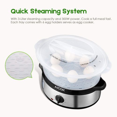  AICOK Food Steamer 9.5 Quart Vegetable Steamer, 800W Fast Heating Electric Steamer including 3 Tier Stackable Baskets with Rice bowl, Stainless Steel