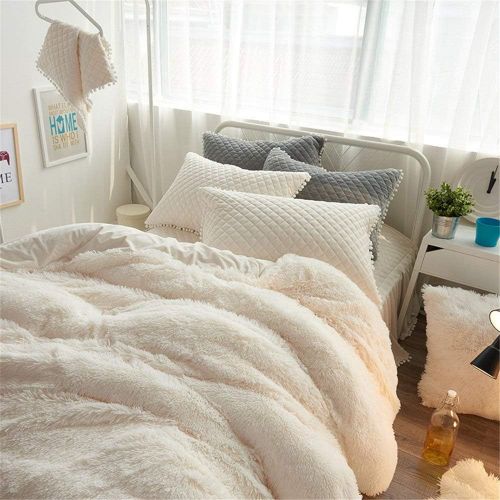  EVDAY Winter Flannel Korean Bedding Sets Ultra Soft Luxury Solid Color Thick Girls Pink Bedding Including 1Duvet Cover,1Bedskirt,2Pillowcases King Queen Full Twin Size