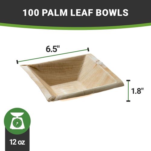  Palm Leaf Bowl, Square Palm Leaf Bowl - Palm Salad Bowl, Organic Biodegradable Leaf Bowl - 7 Inch, 12 Ounce - 100ct Box - Restaurantware