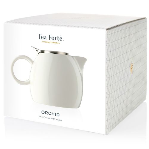  Tea Forte Pugg 24oz Ceramic Teapot with Improved Stainless Tea Infuser, Loose Leaf Tea Steeping For Two, Orchid White