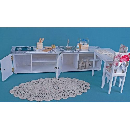  PapaKarlo UA Kitchen set table chair 2 cabinet sink Hob Dolls house wooden 1:6 play-scale Blythe Furniture dolls 12 miniature accessories Mini furniture