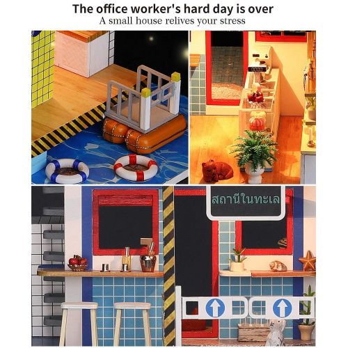  Kisoy Miniature DIY Dollhouse Kit with Furniture Accessories Creative Gift for Lovers and Friends (Sea Station) with Dust Proof Cover and Music Movement