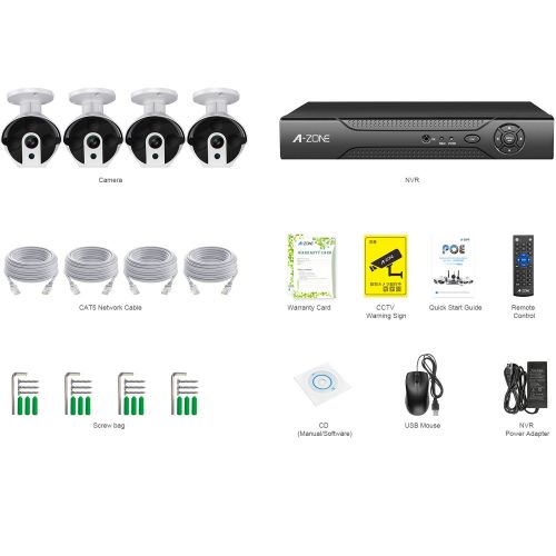  Security Camera System, A-ZONE 8 Channel NVR 4x1080P HD IP PoE OutdoorIndoor 3.6mm Fixed Lens IP67 Waterproof Bullet Cameras with IR Night Vision LEDs Home CCTV Video Surveillance
